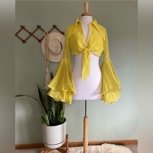 Vintage 70s Giant Double Bell Sleeve Yellow Tie Top with Dagger Collar